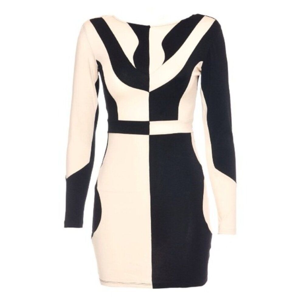 Motel Rocks XS Bodycon Mini Dress ColorBlock Sexy Club Black Abstract Feminine - Picture 8 of 11
